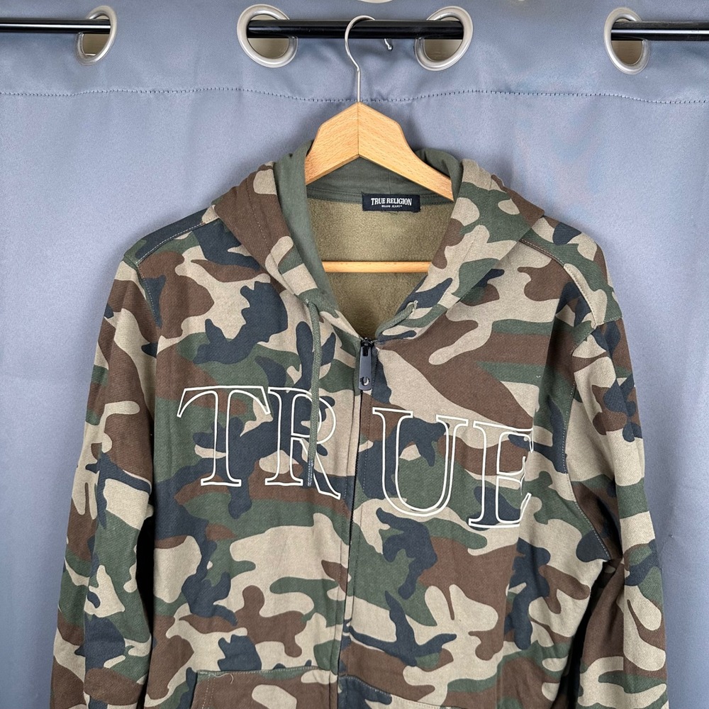 True Religion Mens Camo Full Zip Hoodie TRUE RLGN Embroidered Green Brown XL - Picture 2 of 10